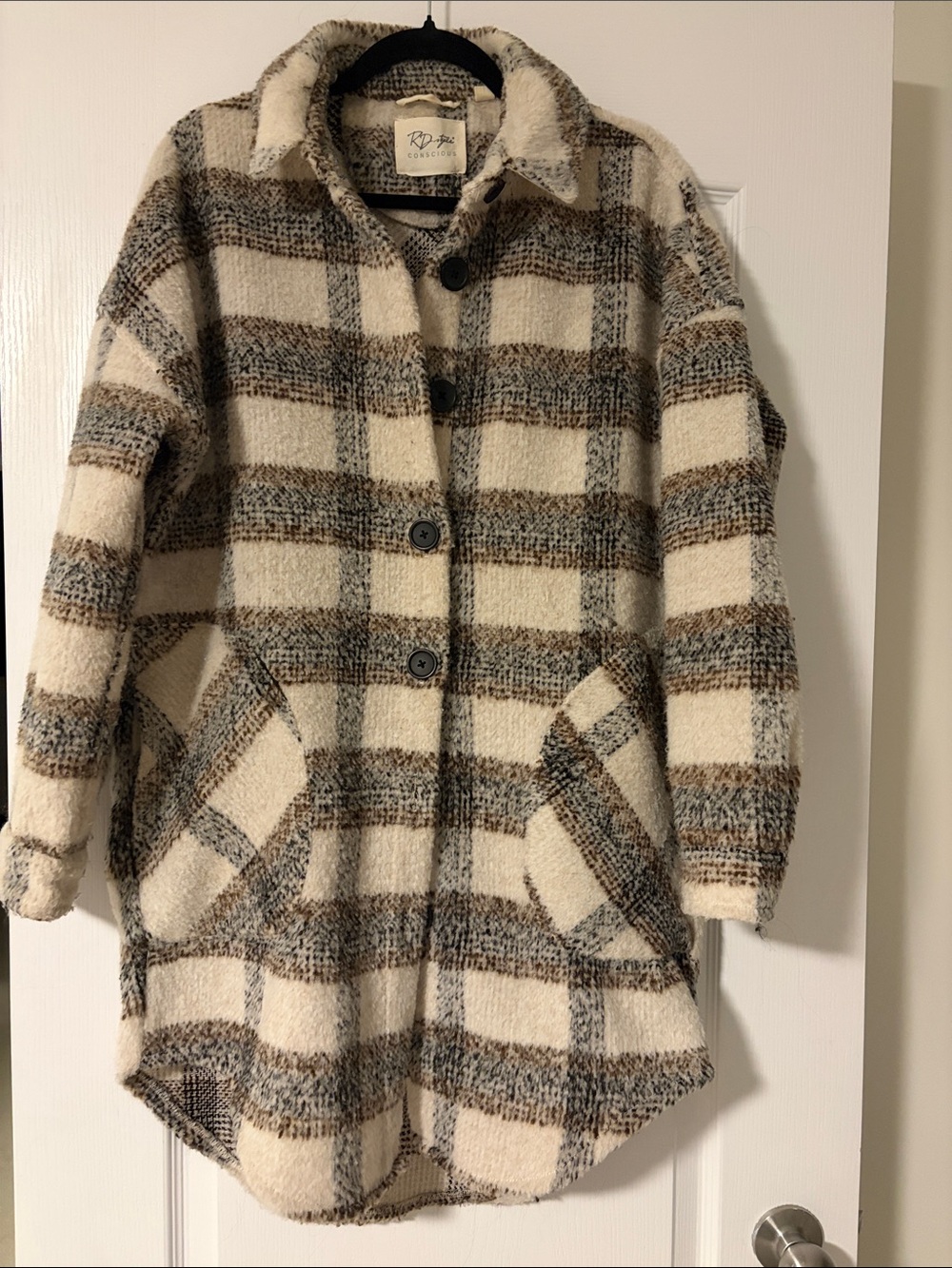 RD Style Cream Plaid Teddy Jacket with Brown and Gray Checks